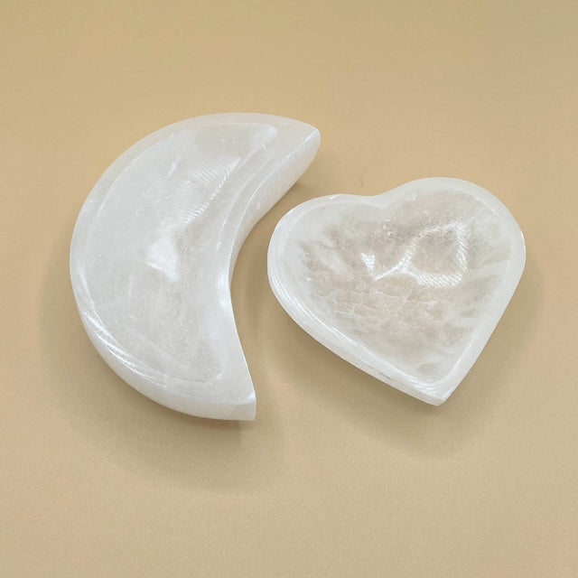 Selenite Moon and Heart Shaped Bowls