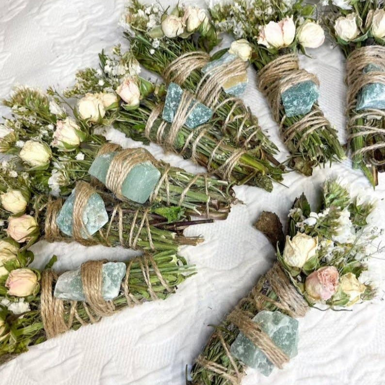 Garden roses, Gypsophila, Rosemary, Aventurine, Rosemary & Mint Smudge Stick