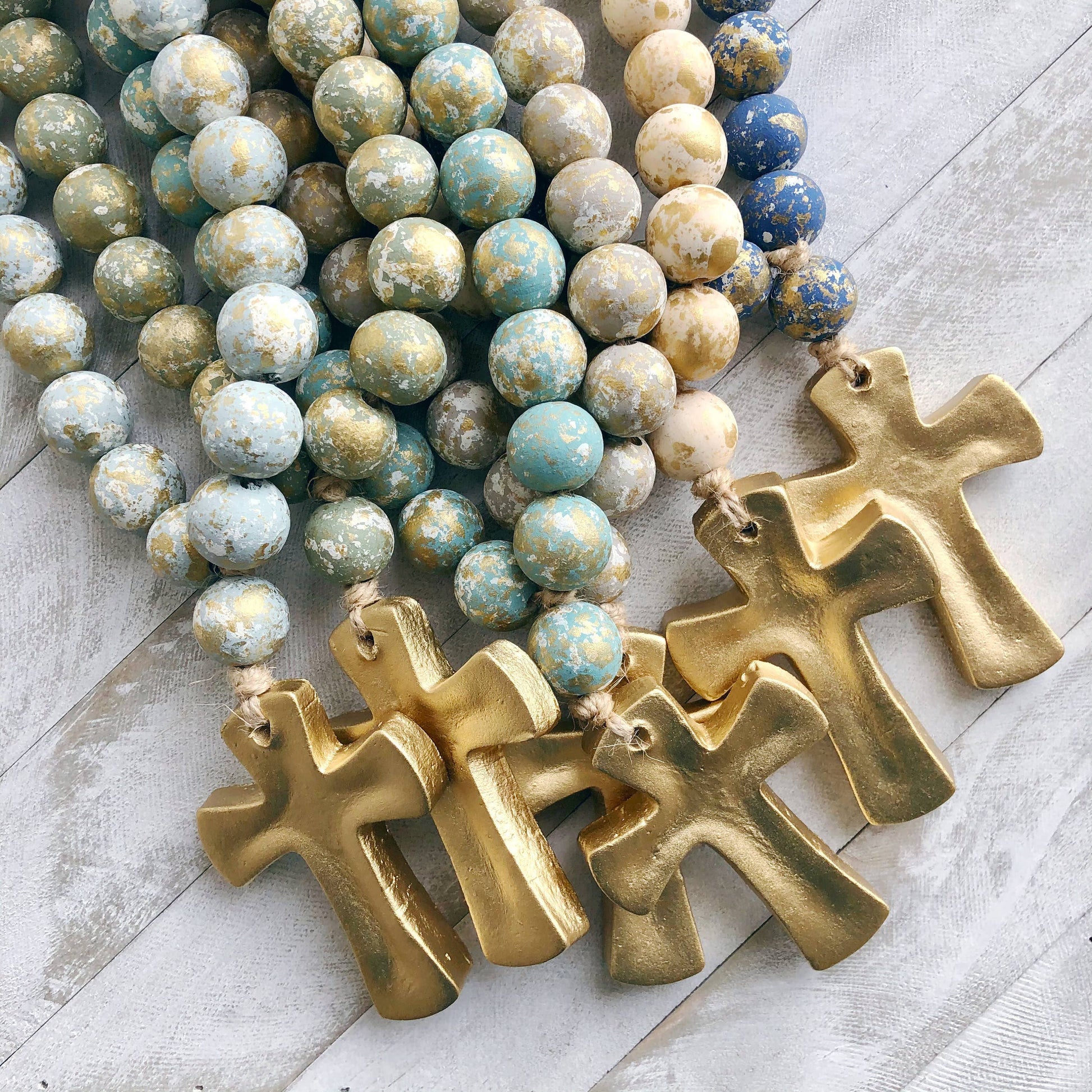 Teal and Gold Blessing Beads with Gold Cross
