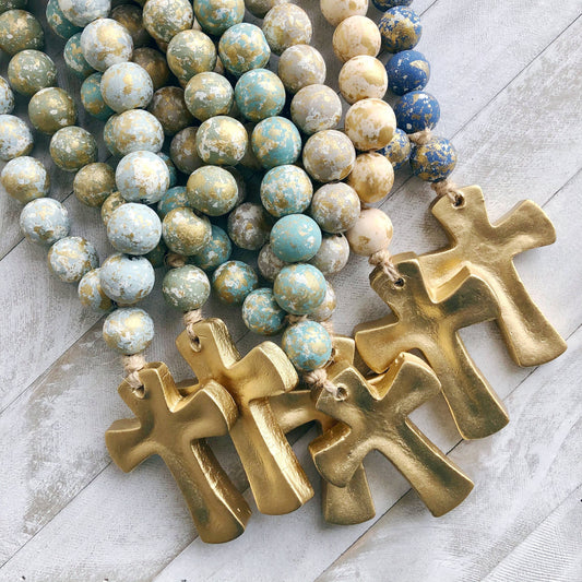 Teal and Gold Blessing Beads with Gold Cross