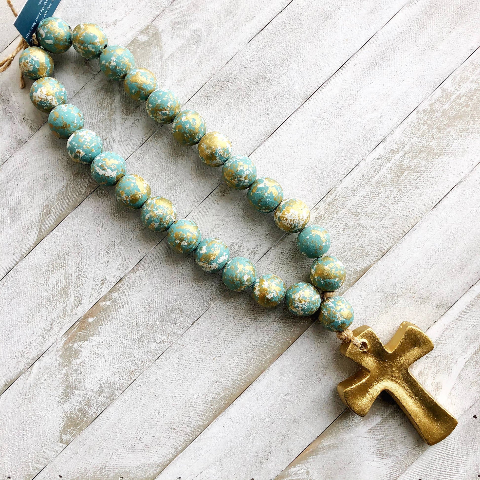 Teal and Gold Blessing Beads with a Large Gold Cross
