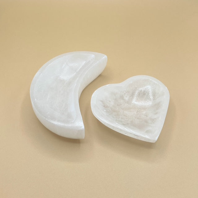 Selenite Moon and Heart Shaped Bowls