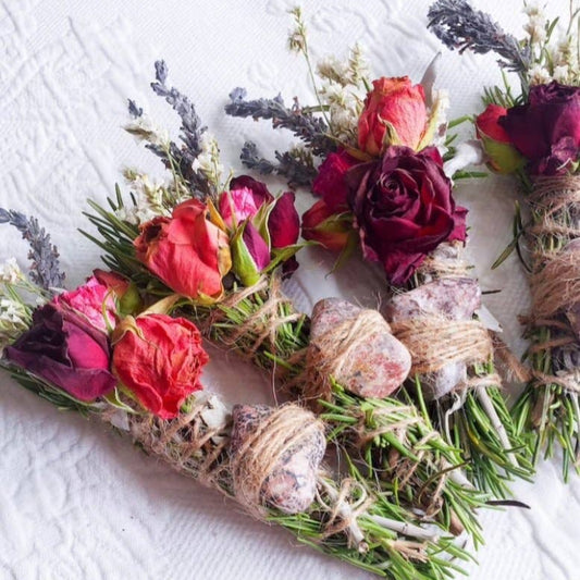 Tulip, Garden roses, Rosemary, Leopard Skin Jasper, Sage, Rosemary, Lavender and Wild Flower Smudge Stick.
