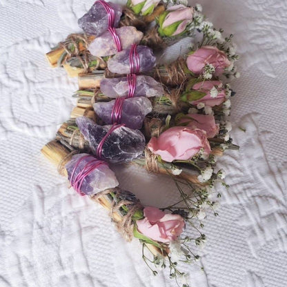 Amethyst, Lavender, Rose, and Palo Santo Smudge Sticks